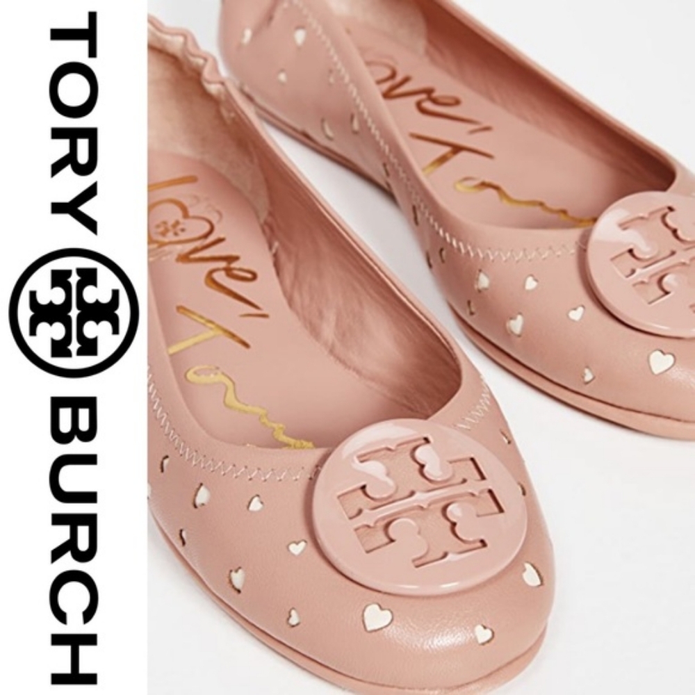 HTF Tory Burch Minnie Heart Cut-Out Ballet Flat Pink Moon Cream LIMITED EDITION